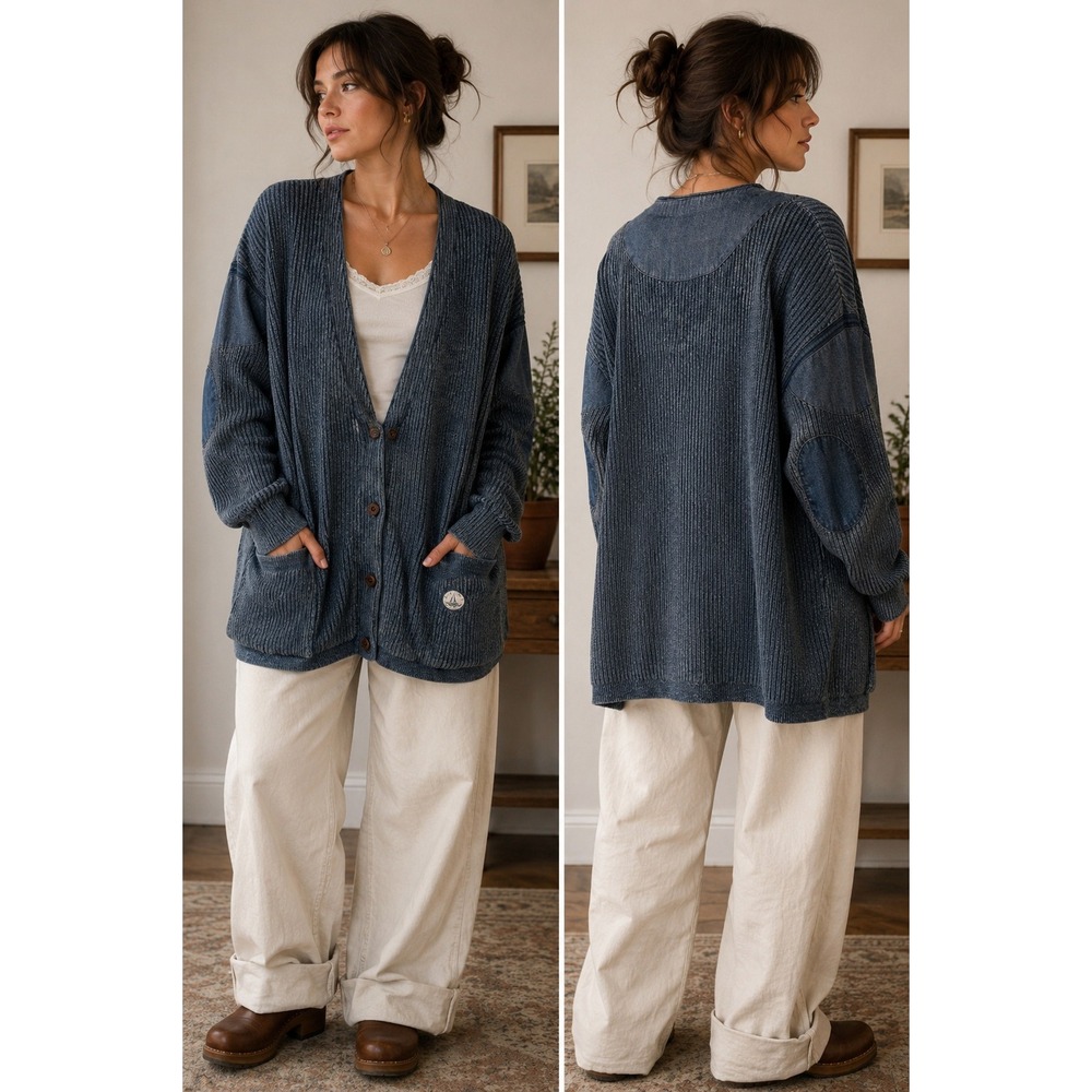 Blue Willis Cardigan L Indigo Blue Denim Patch Ribbed Cotton Coastal Grandma